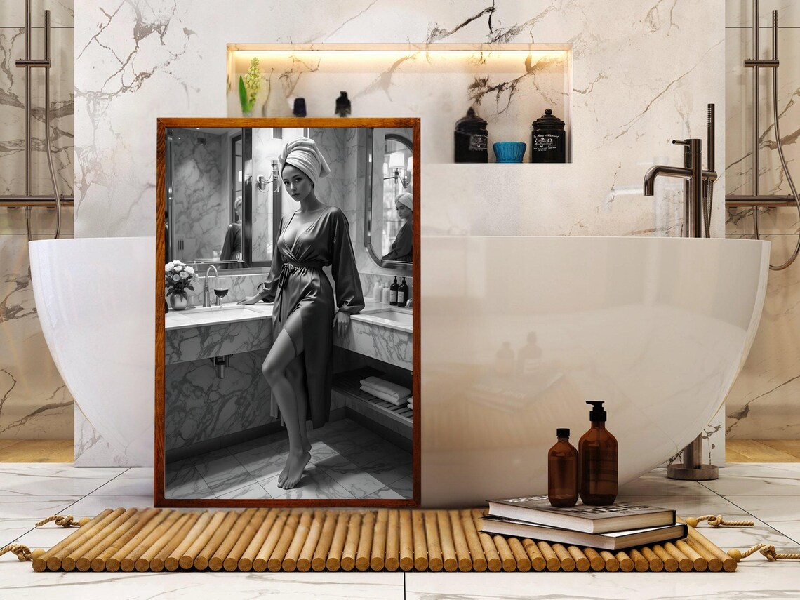 Elegant Bathroom Wall Art Stylish Woman In Robe Black And White Spa Decor Sophisticated Bathroom Luxury Wall Art Home Decor - Image 4