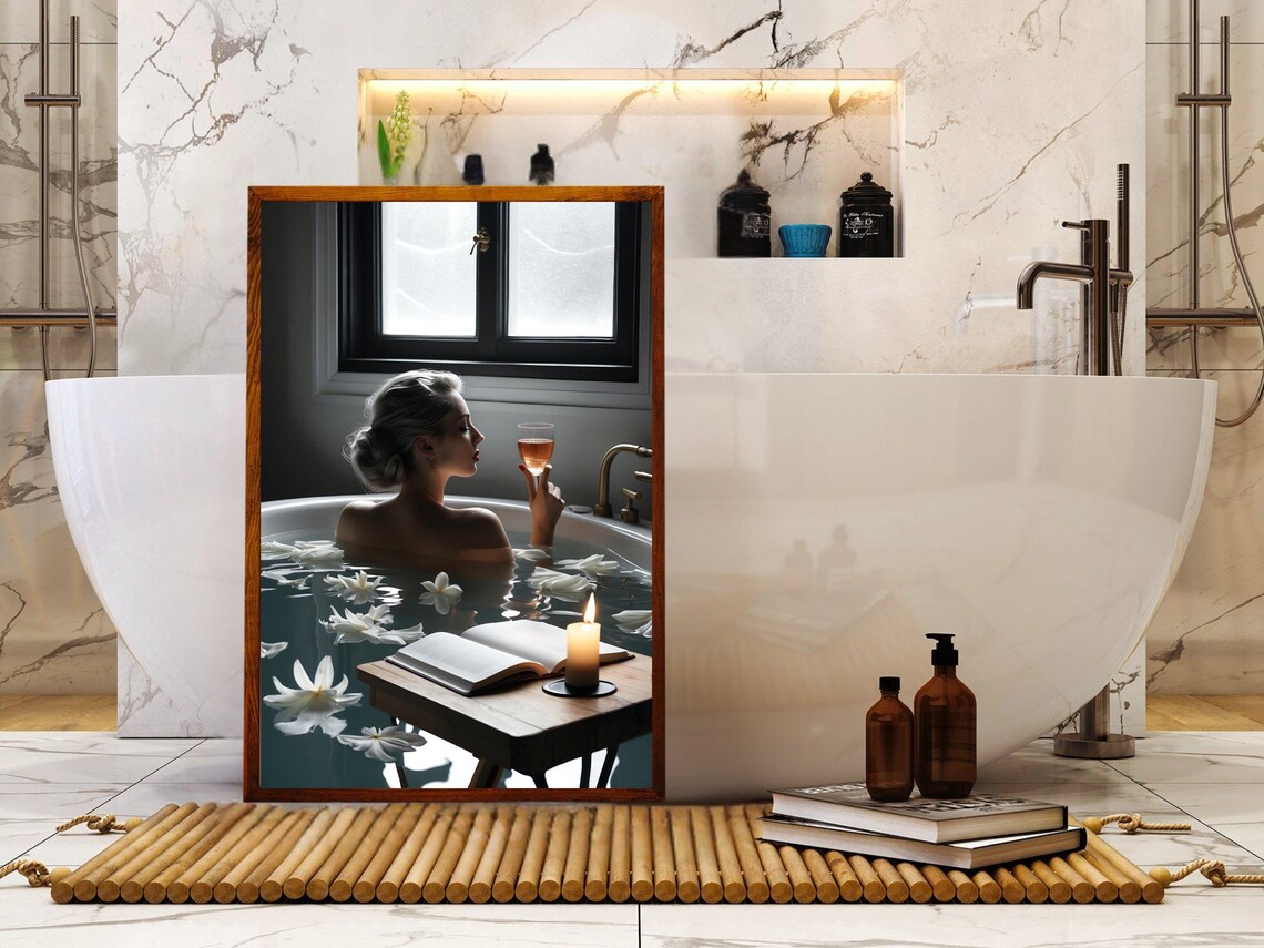 Woman in a Bathtub With Wine Floating Flowers and a Book Poster - Image 5
