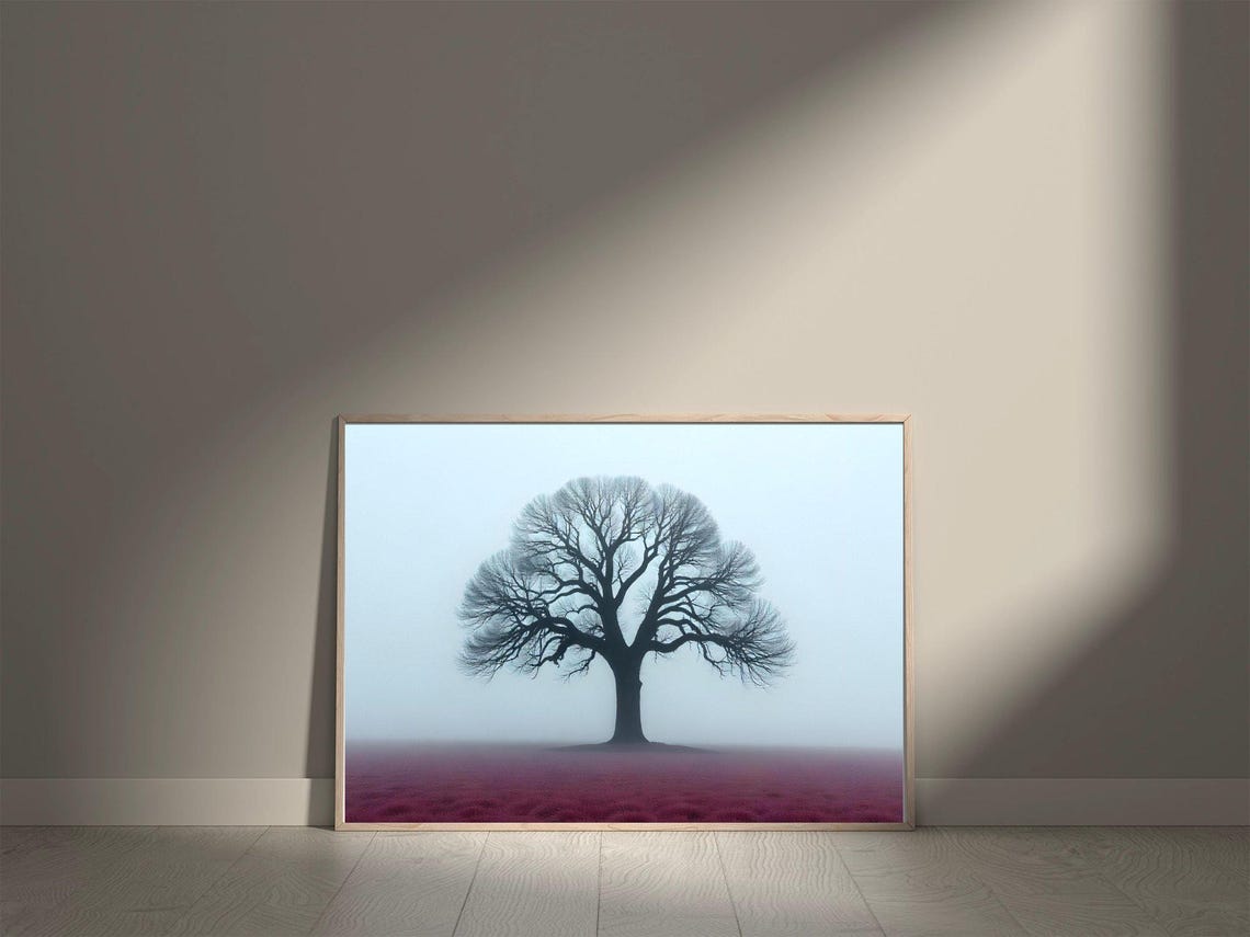 Solitary Bare Tree In Misty Red Field Minimalist Nature Poster - Image 5