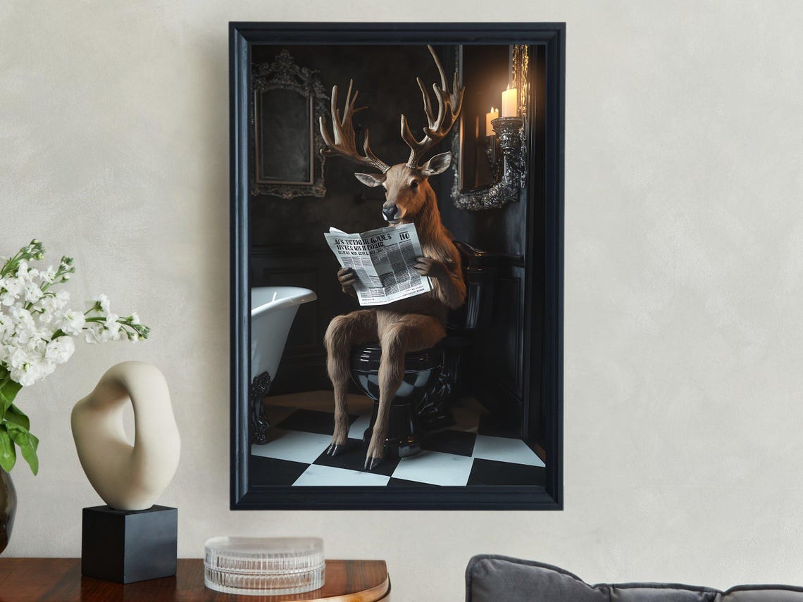 Majestic Stag Reading the Newspaper Sitting on the Toilet Poster - Image 2
