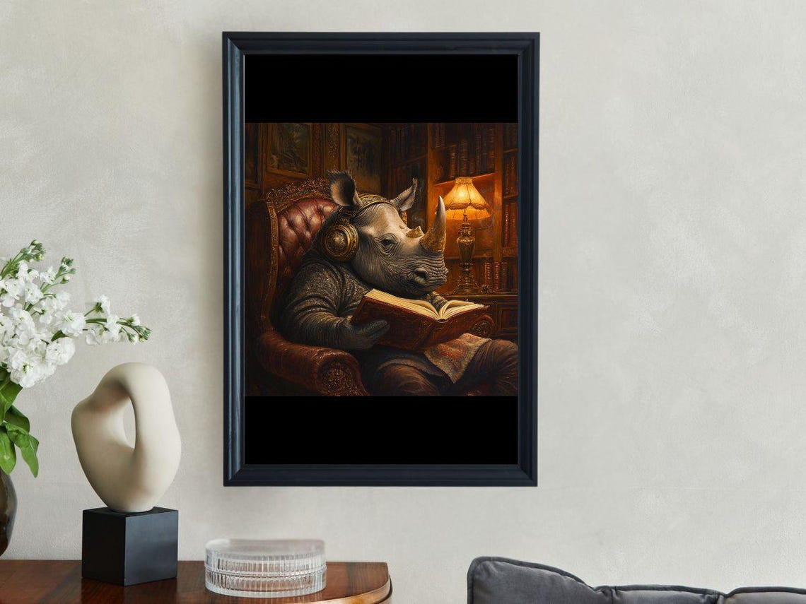 Rhino Reading A Book In A Leather Armchair In A Cozy Library Poster