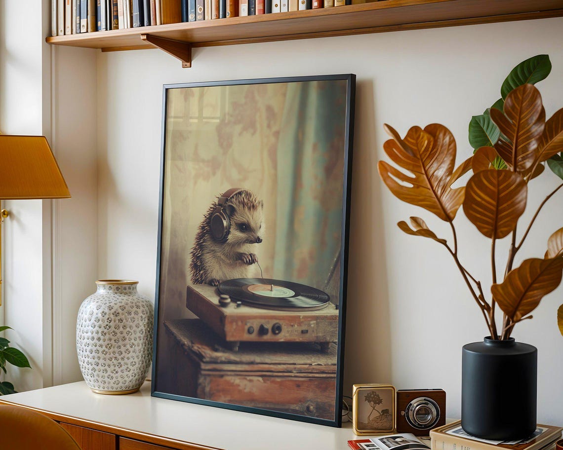 Hedgehog DJ Headphones Vinyl Record Player Funny Music Art Print - Image 5