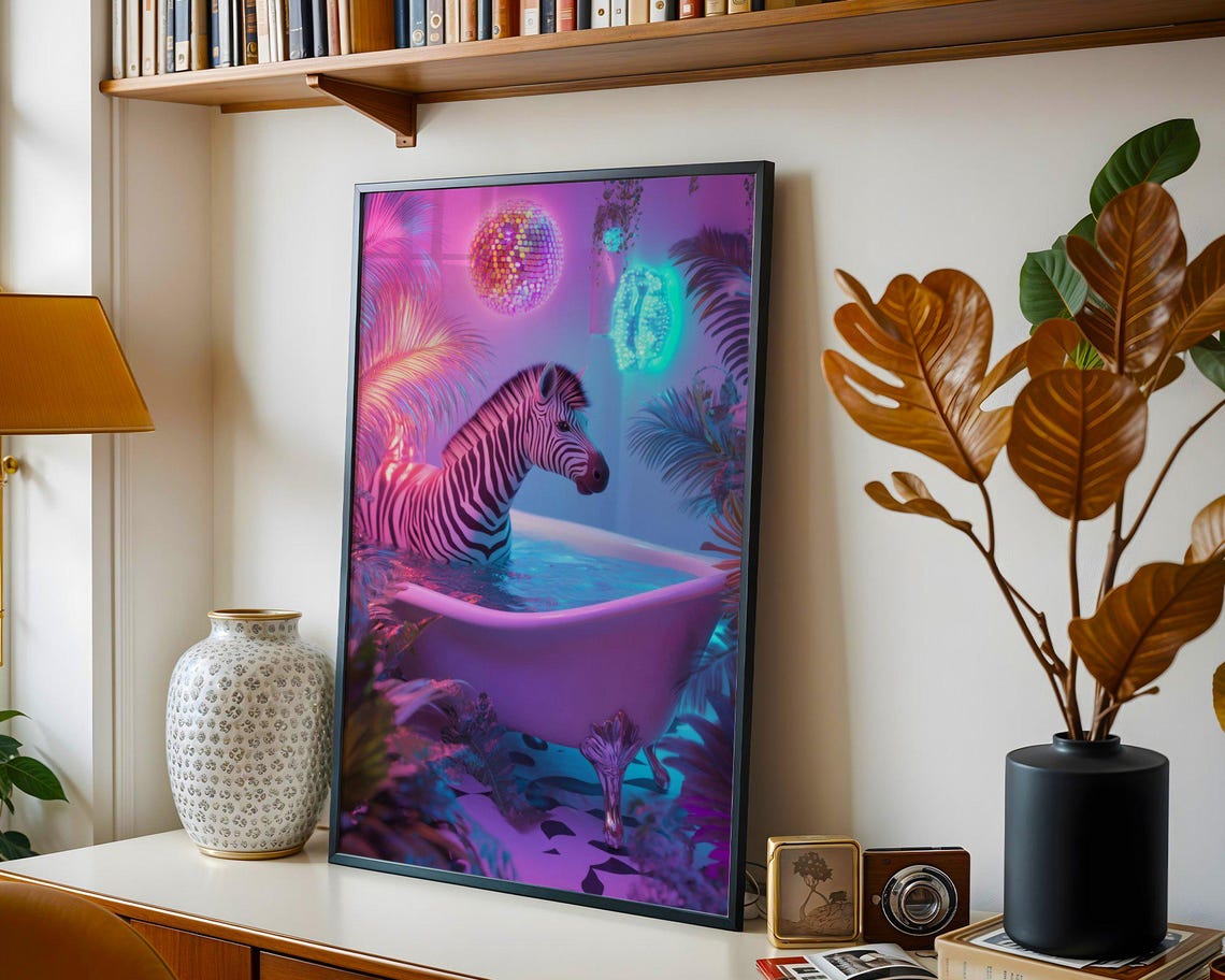 Zebra Soaking in a Bathtub Under Neon Tropical Lights Poster - Image 4