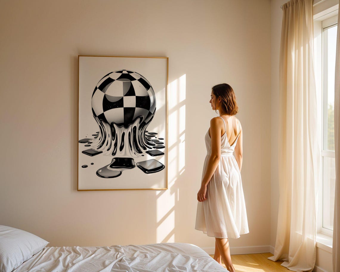 Abstract Optical Illusion Wall Art Minimalistic Black And White Checkered Sphere Melt Modern Home Decor Geometric Art Print - Image 5