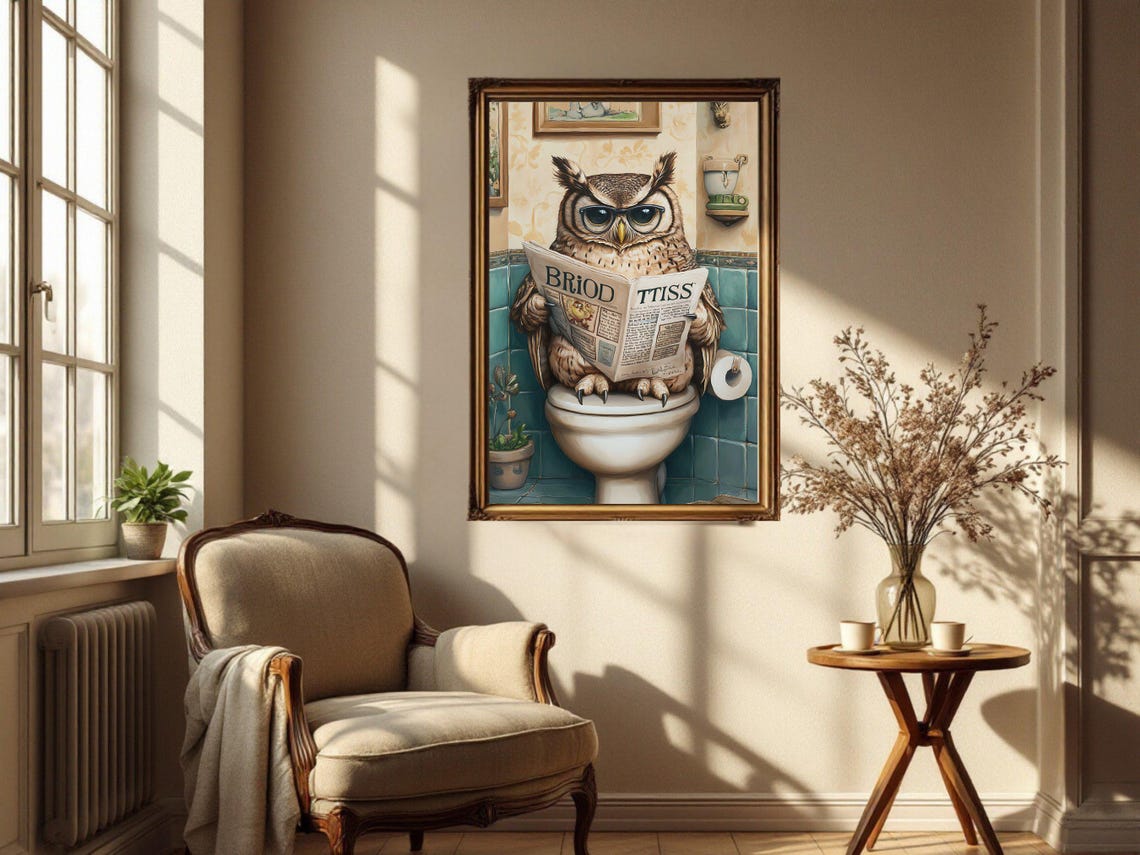 Wise Owl in Glasses Reading a Newspaper Sitting on the Toilet Poster - Image 4