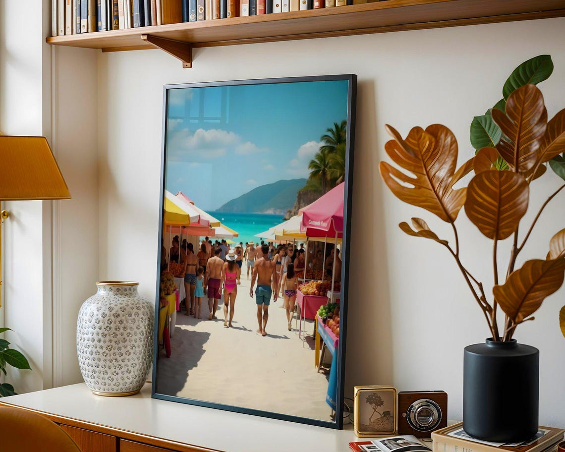 Colorful Beachside Market Stalls on Busy Summer Beach Poster - Image 3