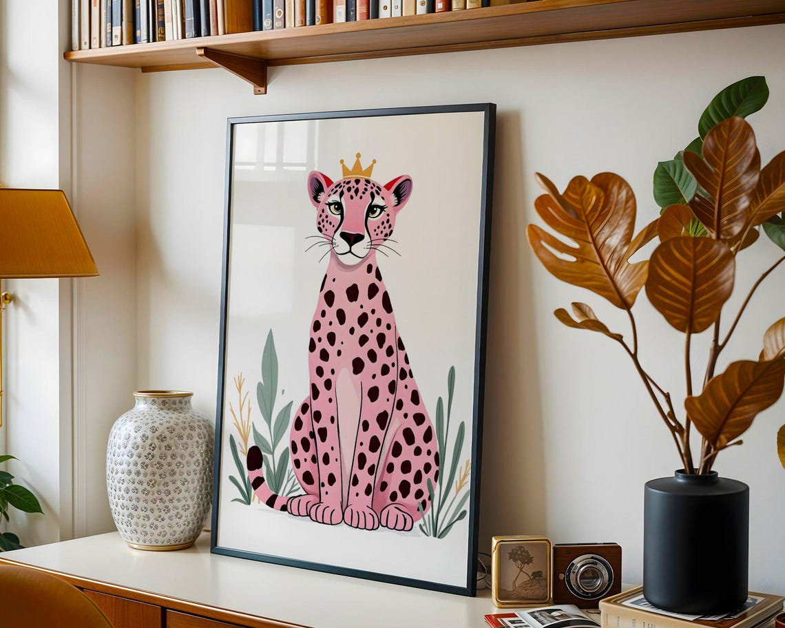 Pink Leopard with Gold Crown Sitting Among Leaves Nursery Poster - Image 5