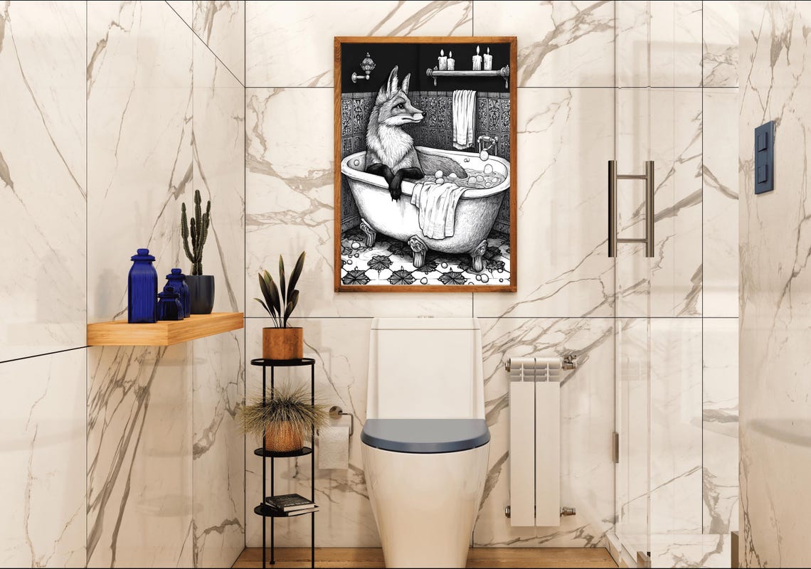 Fox Relaxing In A Clawfoot Bathtub Vintage Engraving Style Poster - Image 4