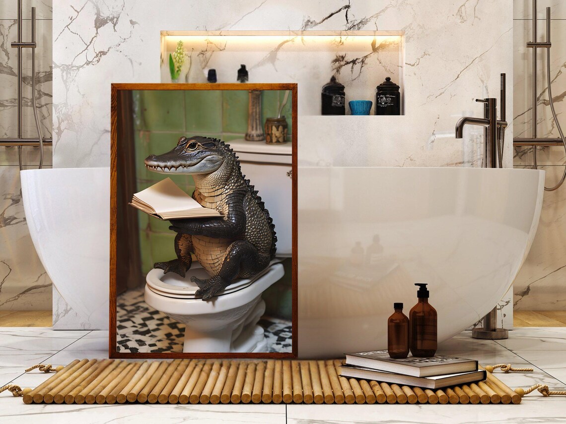 Alligator Reading Wall Art Quirky Bathroom Decor Funny Animal Print Unique Toilet Art Green And White Accent Humorous Poster - Image 5