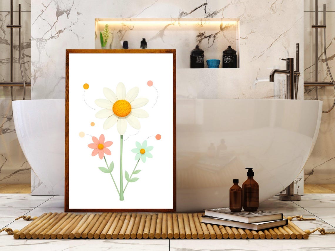 White Daisy and Pastel Flowers Minimalist Botanical Art Print - Image 2