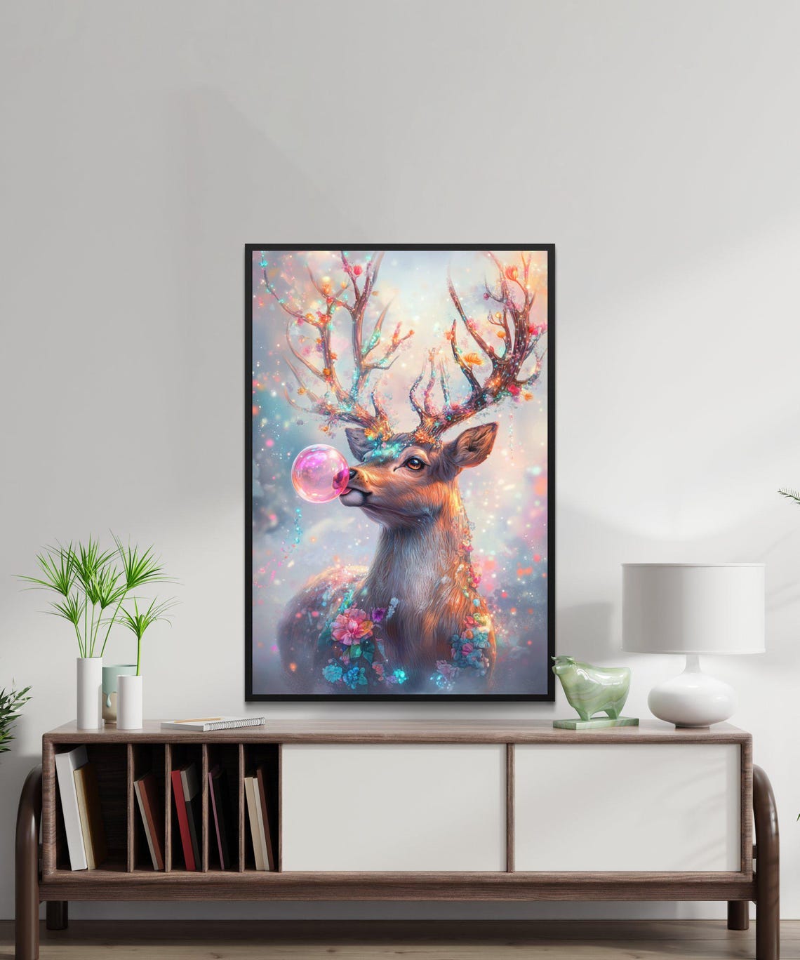Magical Deer With Blossom Antlers Blowing Pink Bubble Poster - Image 5