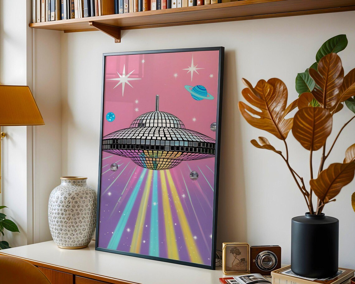Retro Disco Ball UFO Over a Pink Sky With Rainbow Beams Sci-Fi Wall Poster - Image 5