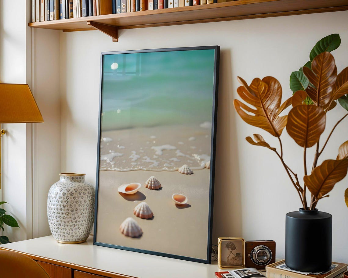 Scattered Seashells On Wet Sand At Turquoise Water Shoreline Poster - Image 3