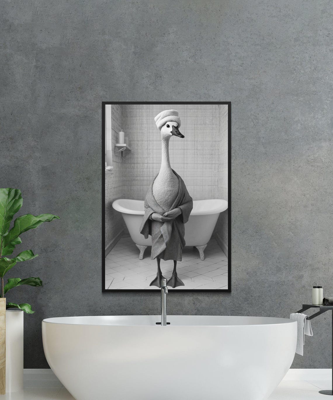 Swan in a Robe and Towel Turban Standing by a Bathtub Poster - Image 2