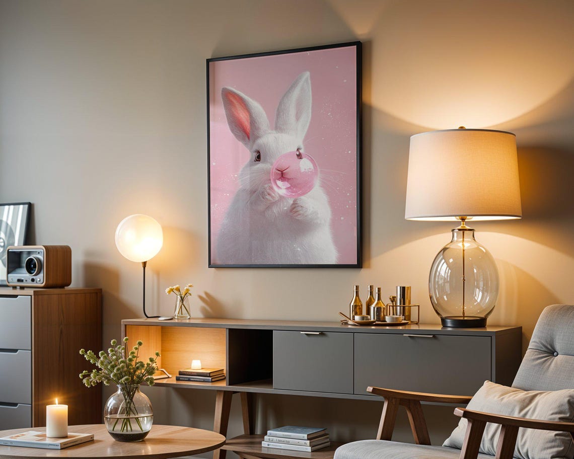 White Bunny Blowing A Pink Bubblegum Bubble On Pastel Pink Poster - Image 3