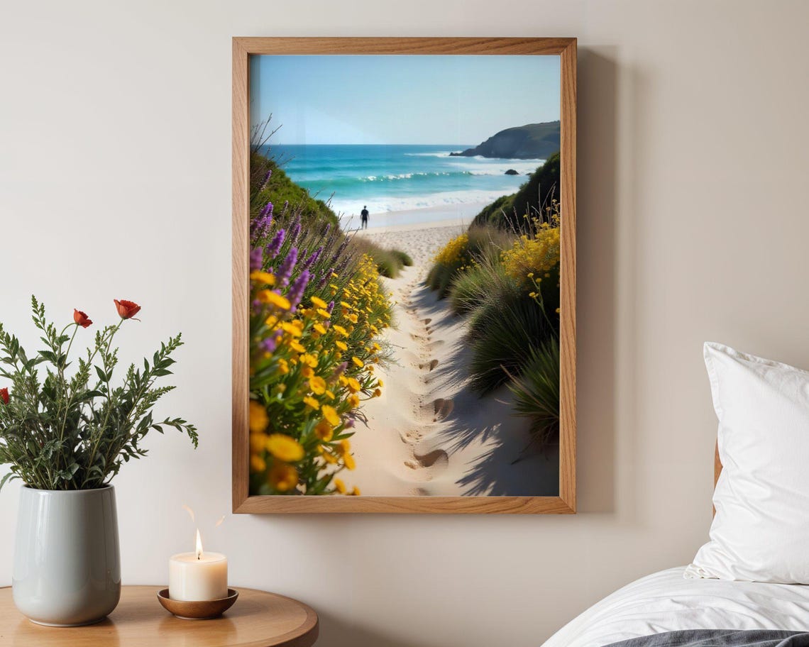 Flower Lined Sandy Footpath Leading to Turquoise Beach Poster