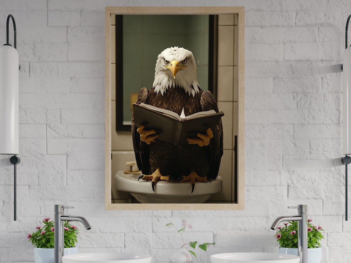 Bald Eagle Reading Book While Sitting On Toilet Animal Poster