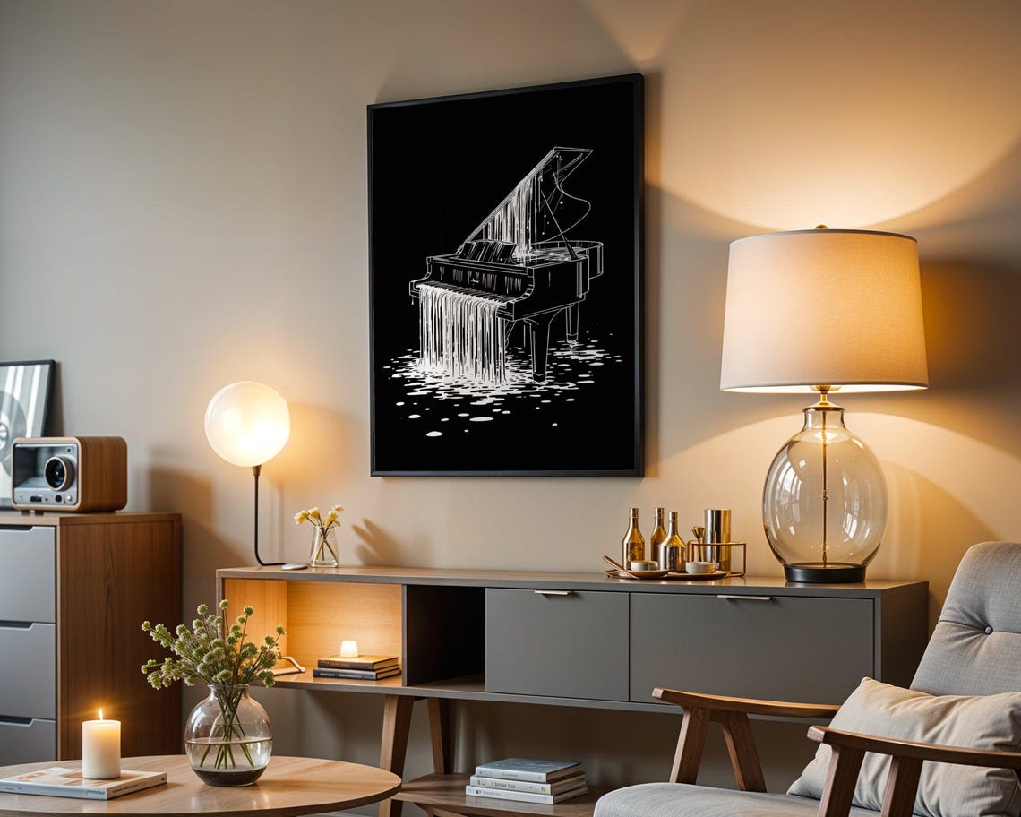 Melting Grand Piano Black And White Surreal Line Art Music Poster - Image 3