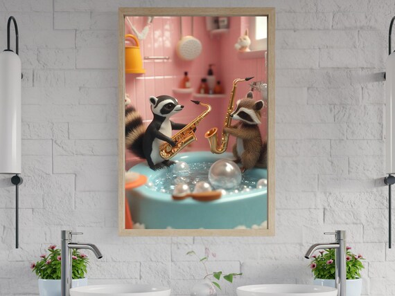 Two Happy Raccoons Playing Golden Saxophones in a Bubble Bath Poster