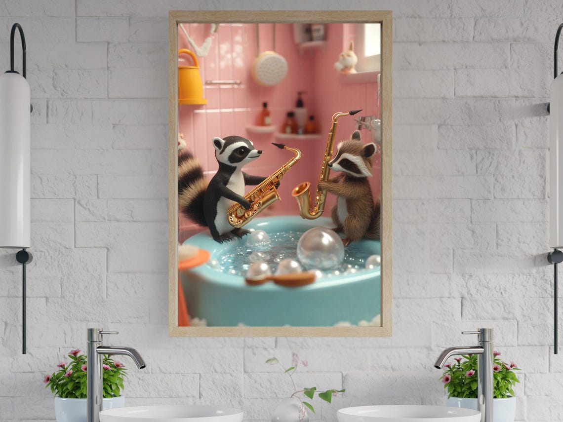 Two Happy Raccoons Playing Golden Saxophones in a Bubble Bath Poster