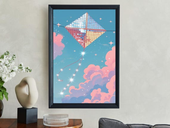 Dreamy Kite In Sky Wall Art Celestial Clouds With Stars Poster Whimsical Home Decor Fantasy Sky Print Unique Kite Scene Artwork