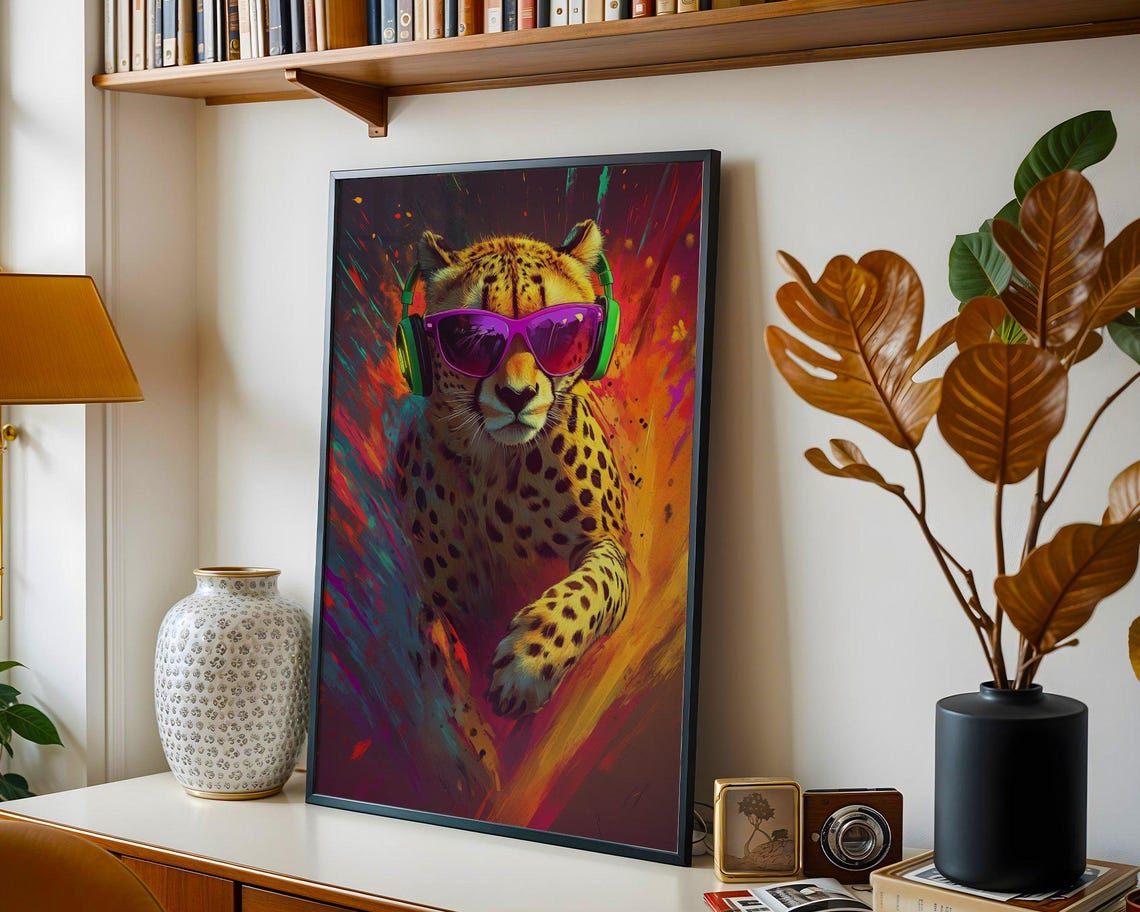 Cool Cheetah in Neon Sunglasses and Headphones Sprinting Poster - Image 2