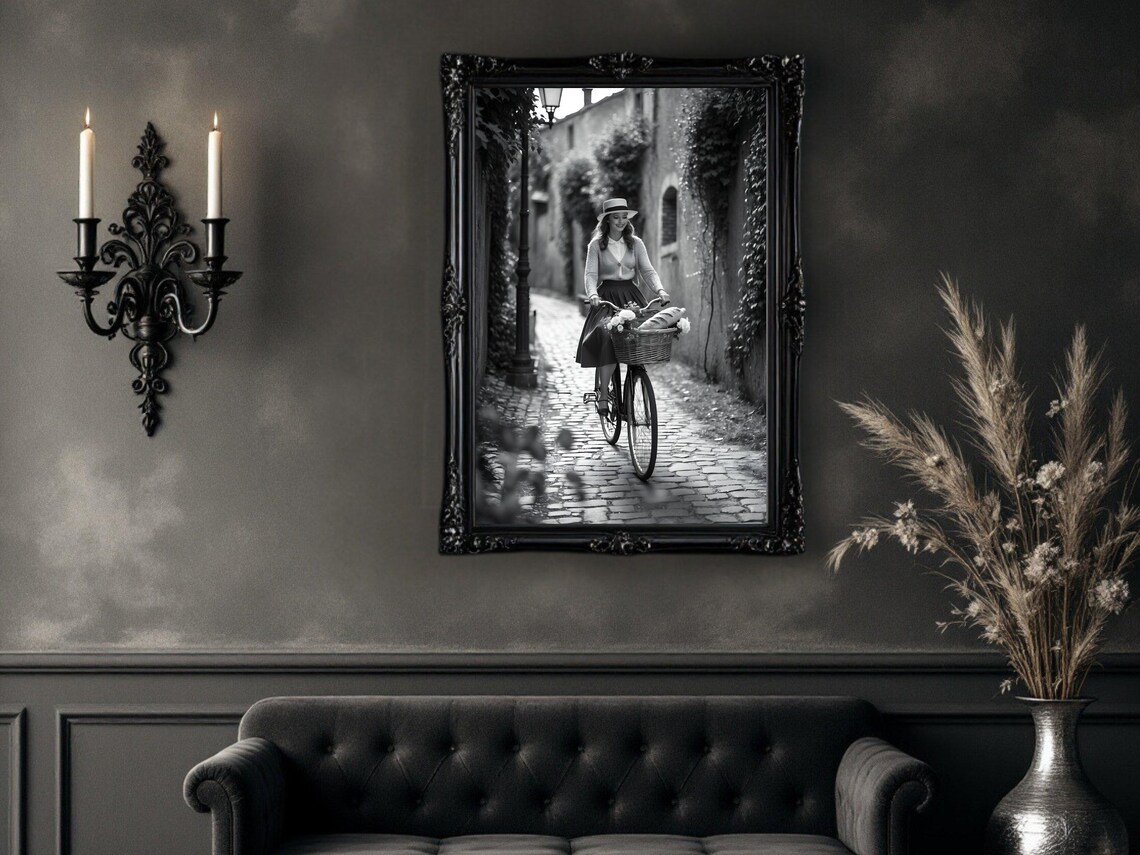 Woman Cycling Cobblestone Alley with Baguette-Filled Basket Poster - Image 4