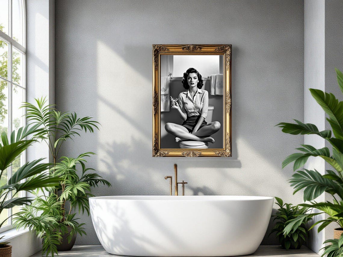 Dark Haired Pin Up Woman With Martini In Tiled Bathroom Poster - Image 2