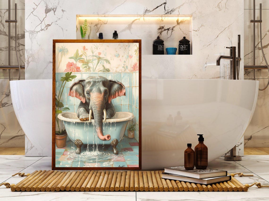 Playful Elephant Splashing In Bathtub Whimsical Colorful Animal Poster - Image 5
