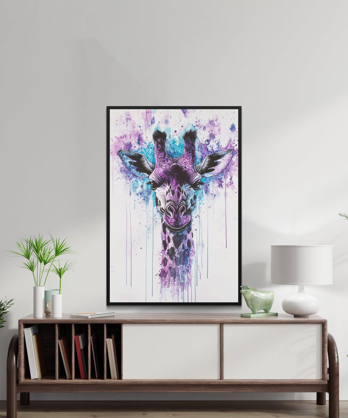 Purple Giraffe Watercolor Portrait in Splash Paint Art Poster - Image 5