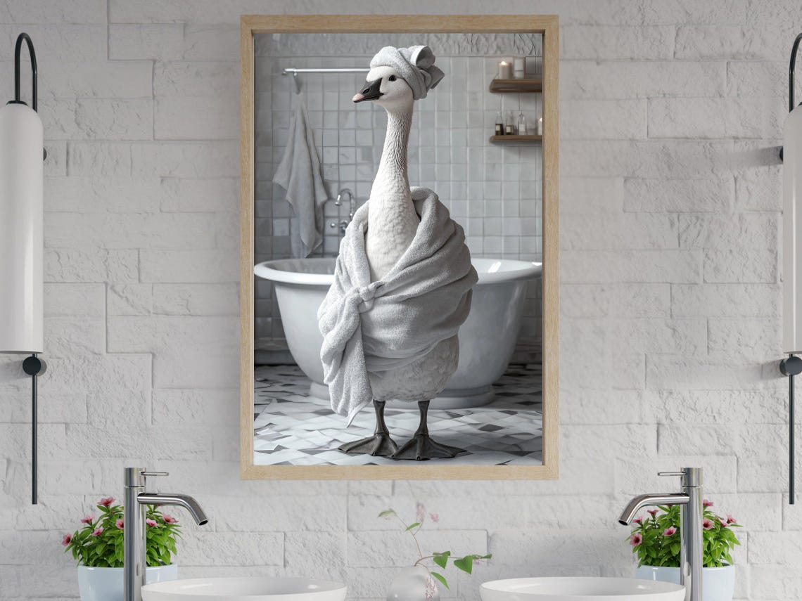 White Swan Wrapped in a Towel and Towel Turban Beside a Tub Poster
