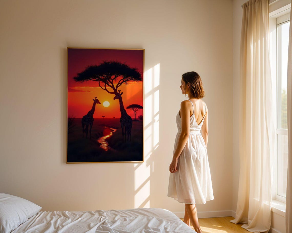 Giraffes Under Acacia Tree at Blazing African Red Sunset Poster - Image 2