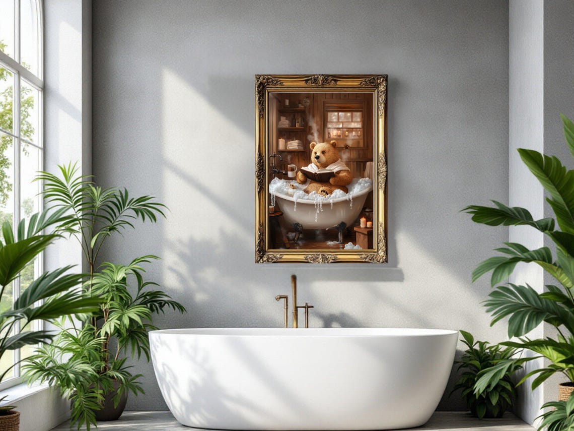 Brown Bear Reading in a Rustic Cabin Bubble Bath With Candles Poster - Image 3