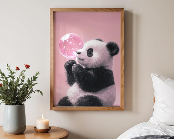 Baby Panda Blowing Big Pink Bubble Adorable Nursery Wall Poster