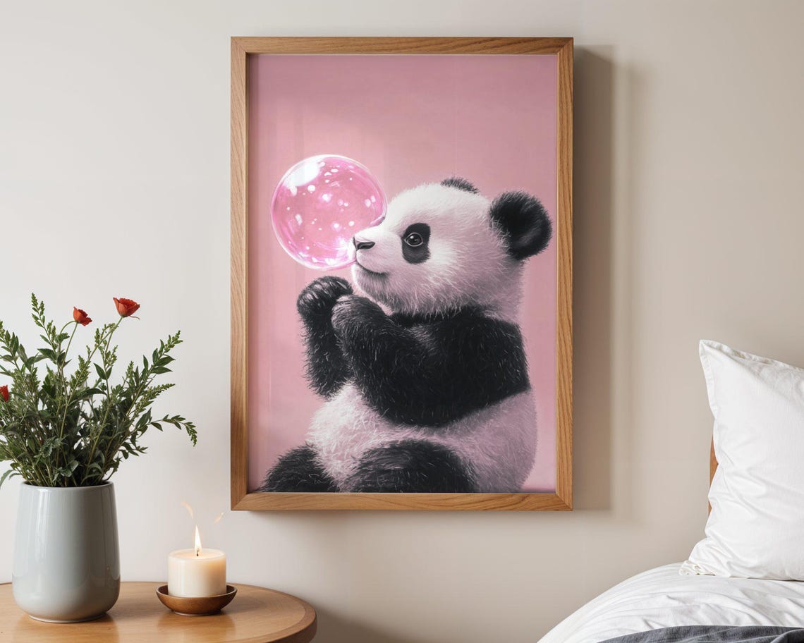 Baby Panda Blowing Big Pink Bubble Adorable Nursery Wall Poster