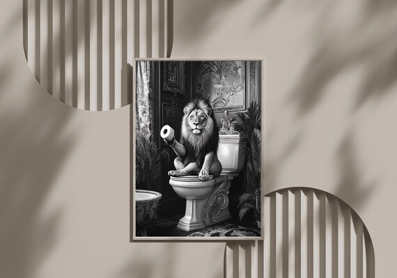 Lion Sitting On A Toilet Holding A Toilet Paper Roll Black White Poster