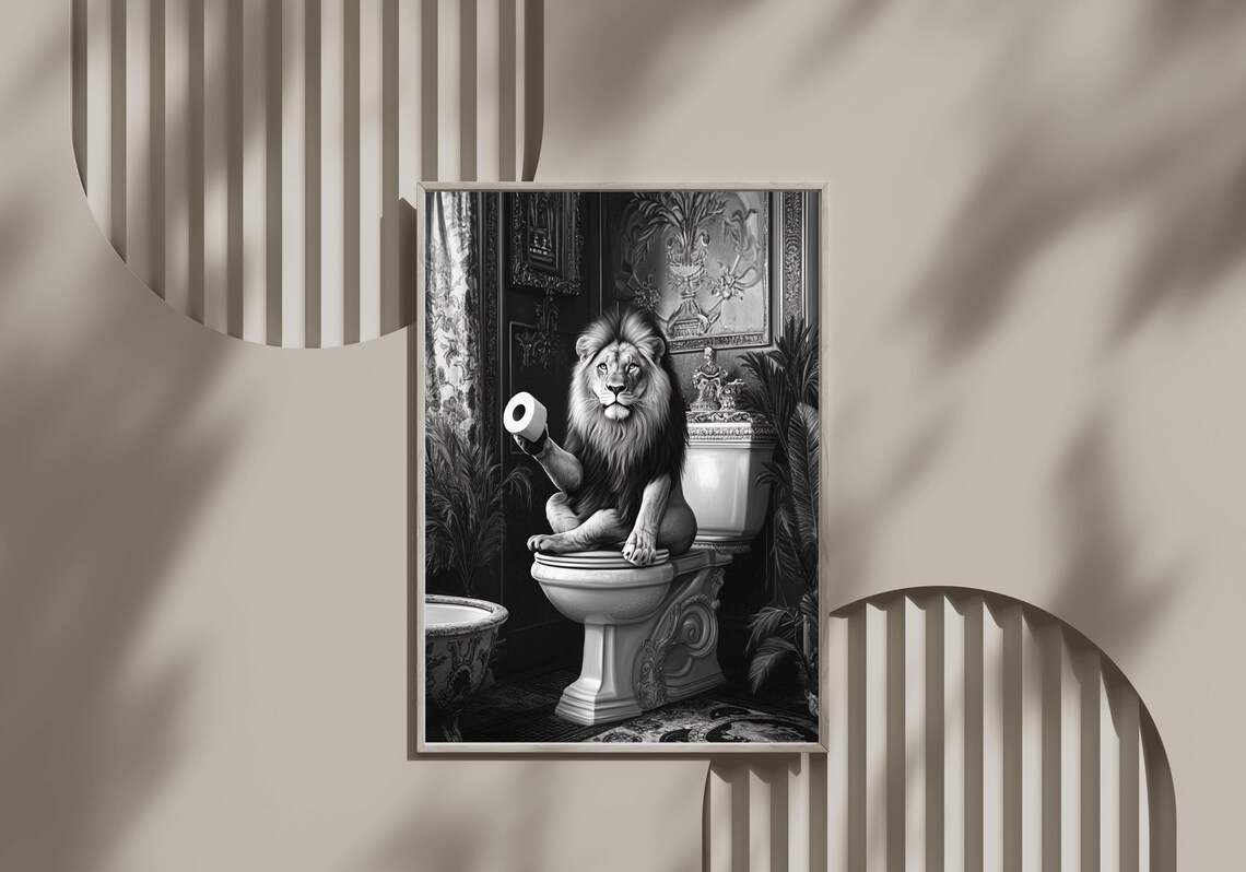 Lion Sitting On A Toilet Holding A Toilet Paper Roll Black White Poster