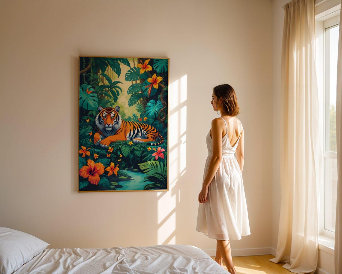 Majestic Tiger Resting In Lush Tropical Jungle Hibiscus Poster - Image 4