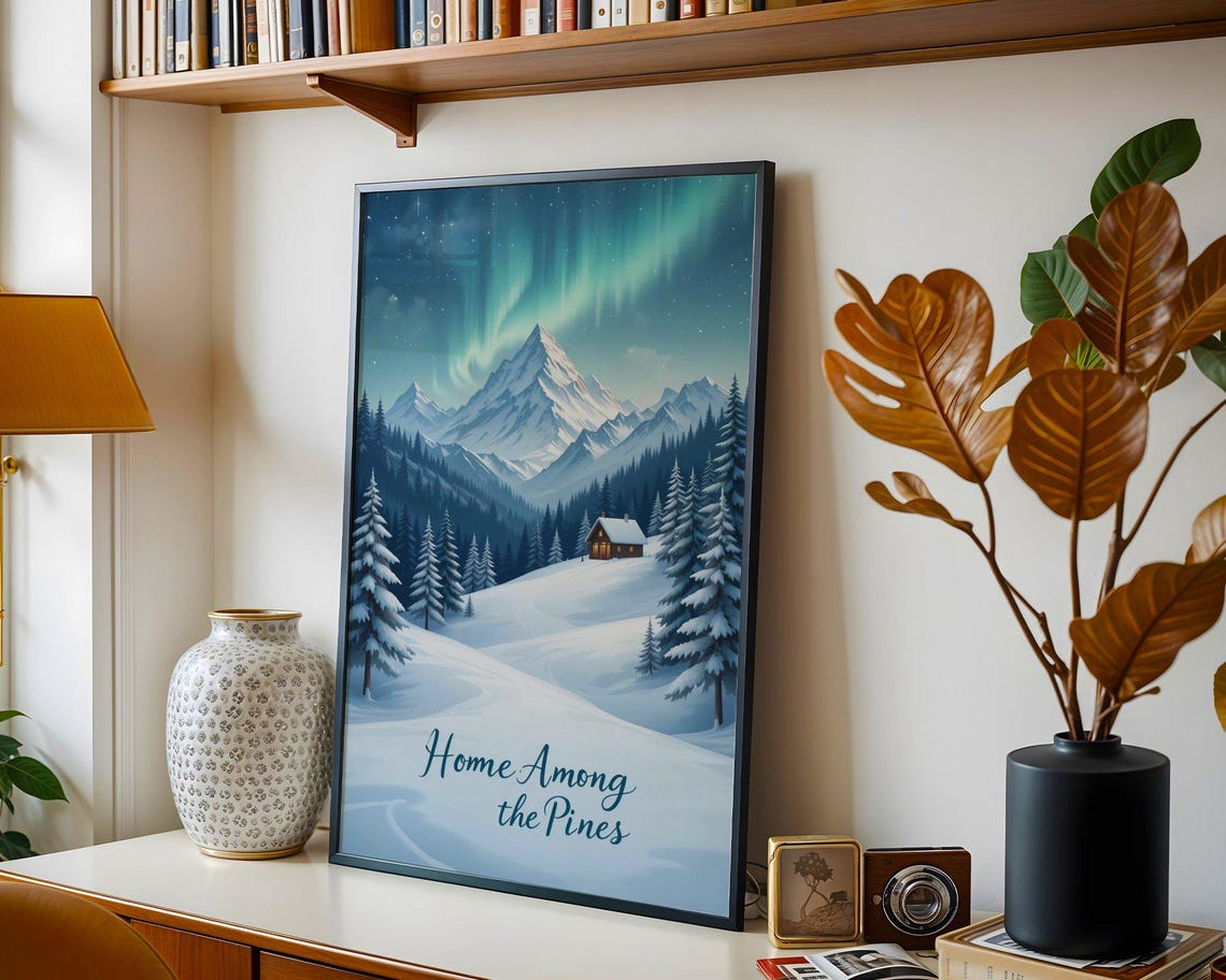 Home Among The Pines Winter Cabin Under Aurora Landscape Poster - Image 3