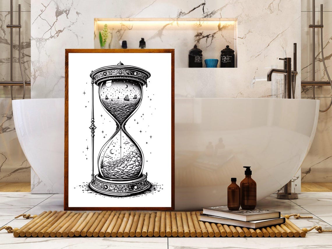 Vintage Hourglass Ocean Scene Print Nautical Wall Art Black And White Home Decor Unique Art Poster Sea Landscape Illustration - Image 4