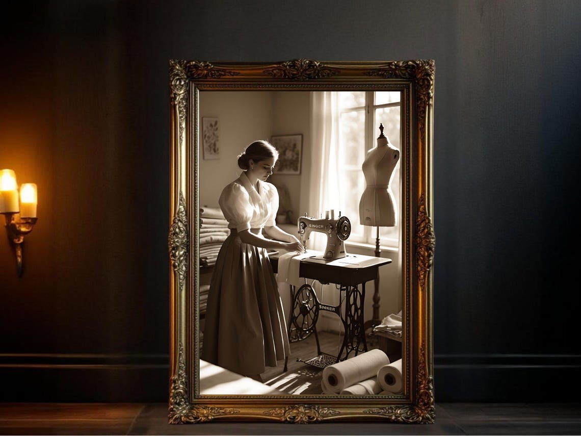 Vintage Seamstress at Singer Sewing Machine, Sepia Atelier Poster