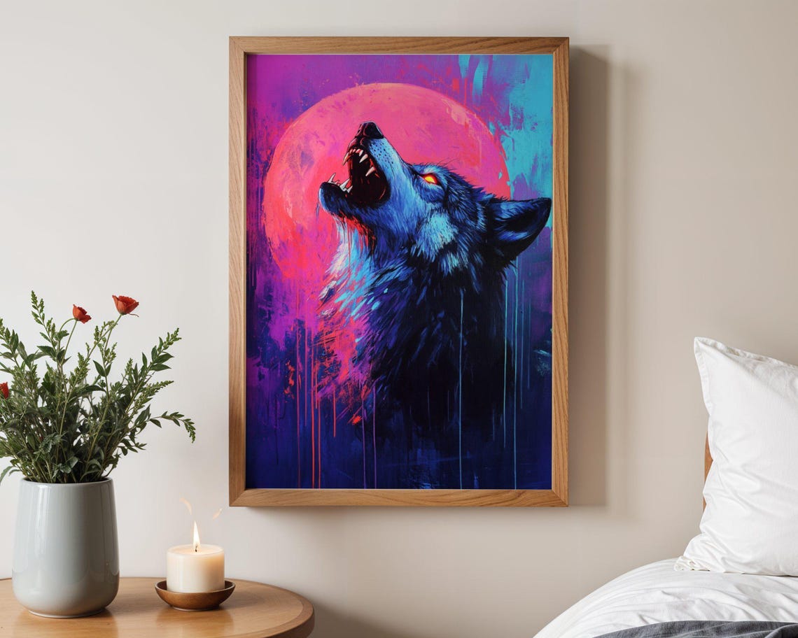 Howling Wolf Under Giant Pink Moon Neon Night Sky Art Poster