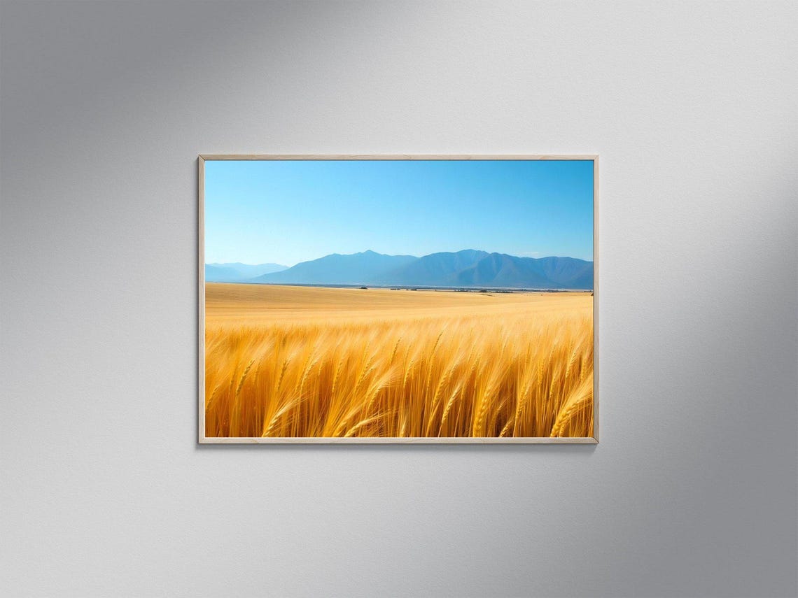 Golden Wheat Field Landscape Poster With Blue Mountain Vista
