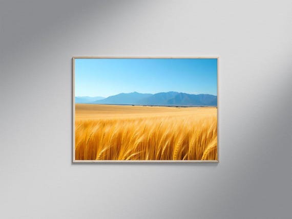 Golden Wheat Field Wall Art Blue Mountain Landscape Print Nature Photography Decor Rural Scenery Art For Home Country Living Gift