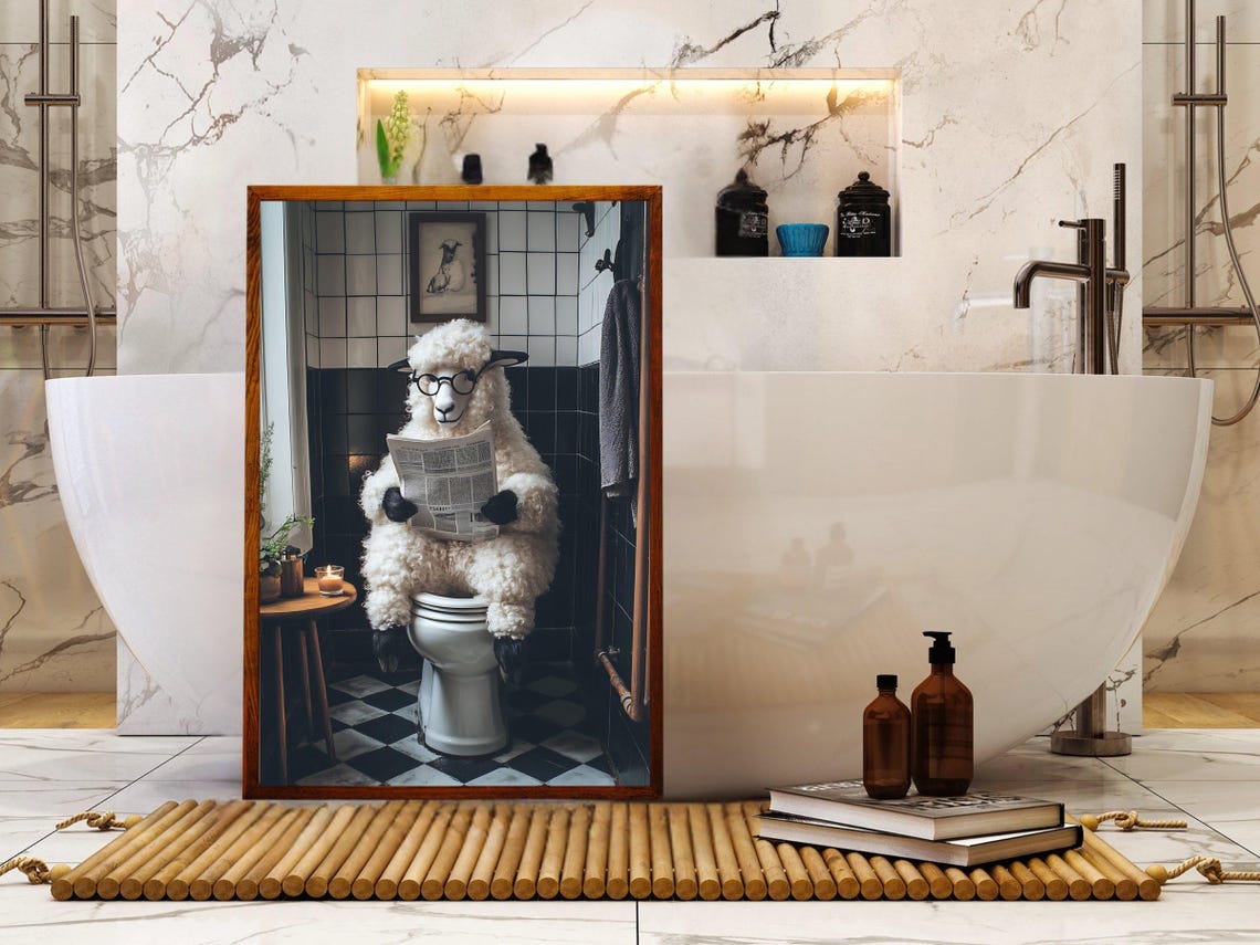 Sheep Wearing Glasses Reading the Newspaper While on the Toilet Poster - Image 5