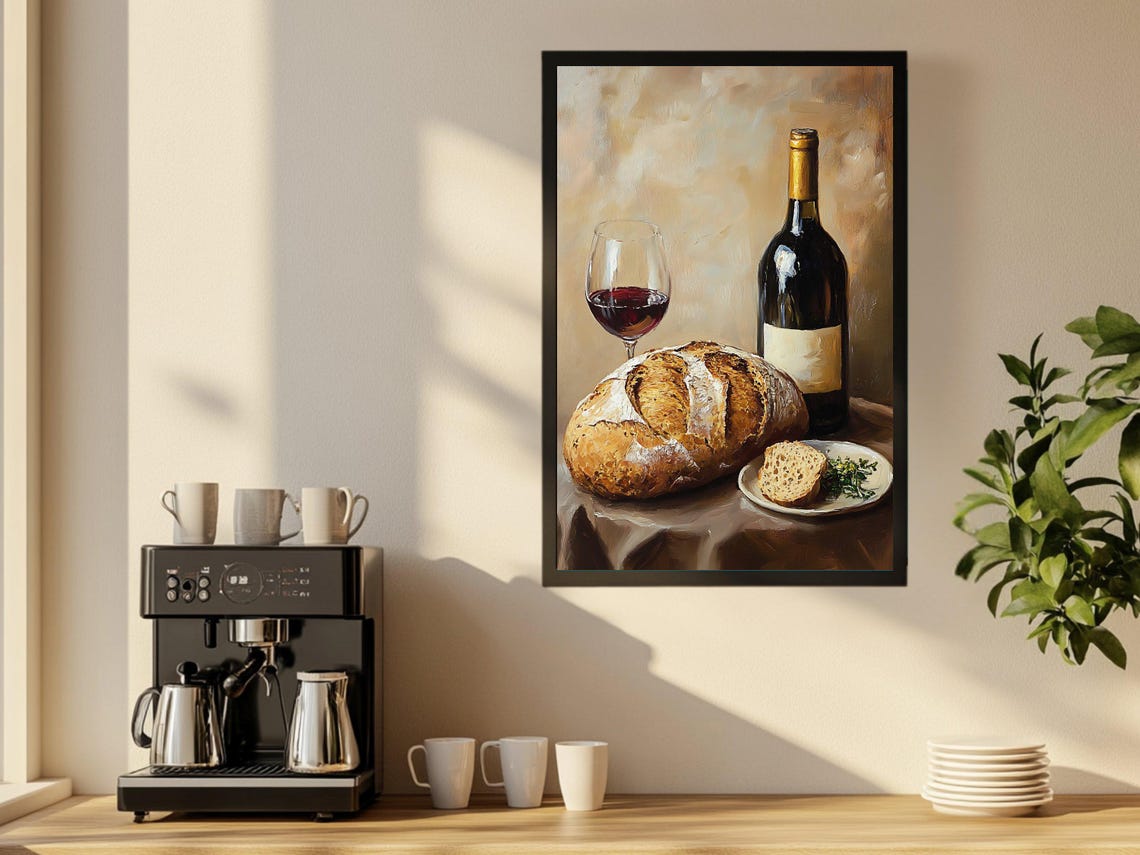 Rustic Red Wine with Crusty Bread Still Life Painting Poster - Image 2
