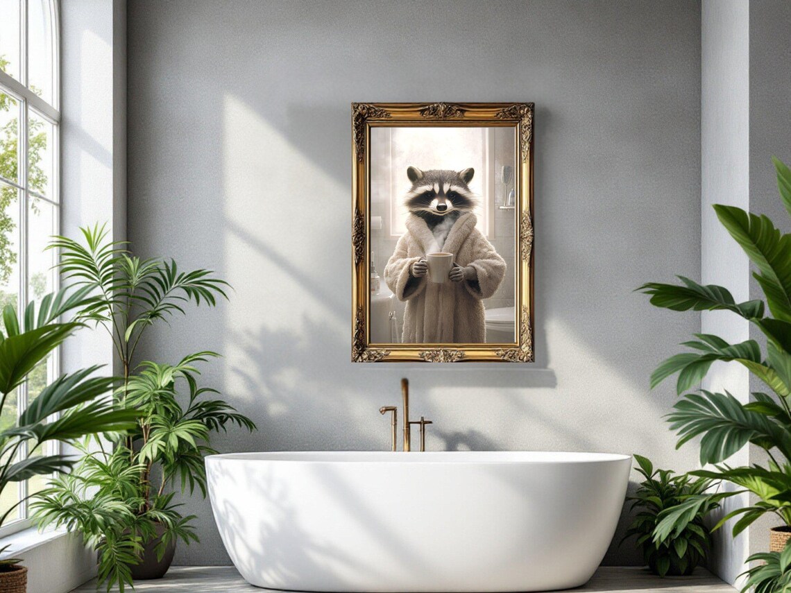 Cozy Raccoon in a Fluffy Bathrobe Holding a Hot Cup of Coffee Poster - Image 3