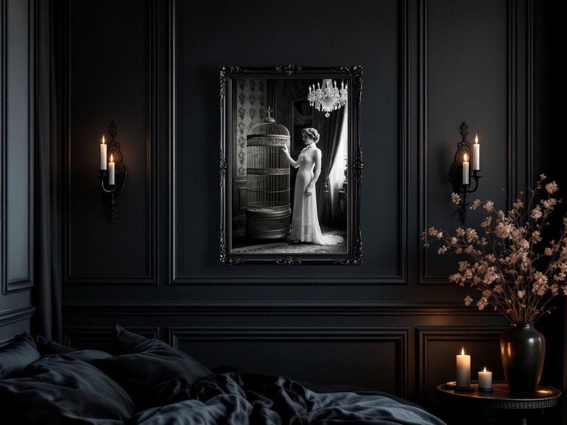 Woman in White Gown Beside Giant Ornate Birdcage, B&W Poster - Image 3