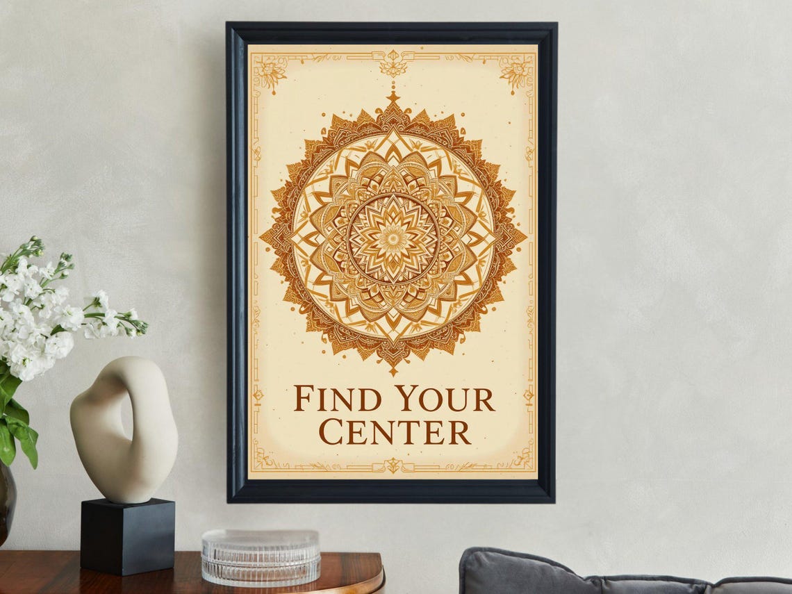 Find Your Center Intricate Golden Mandala Mindfulness Quote Poster