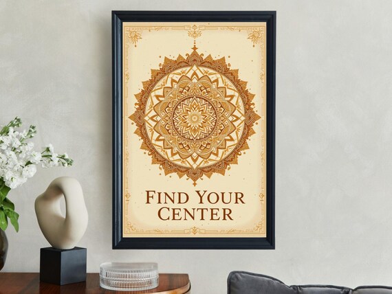 Find Your Center Intricate Golden Mandala Mindfulness Quote Poster